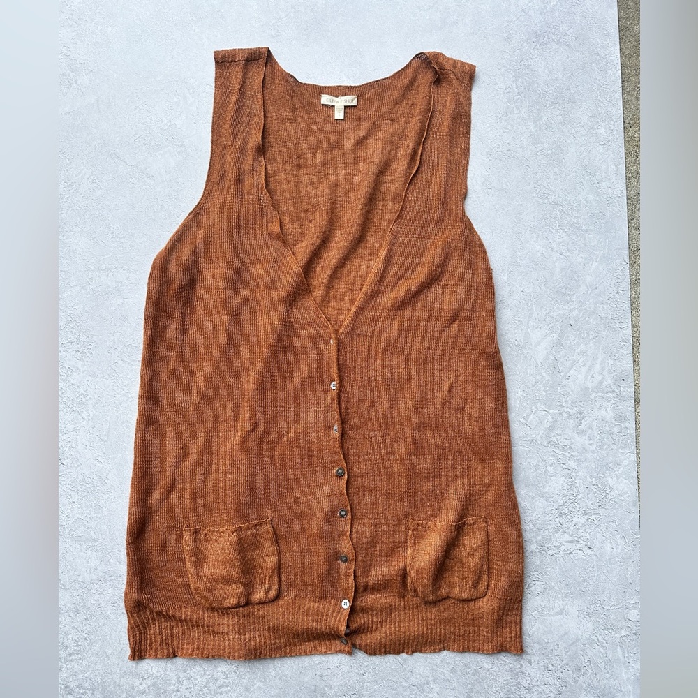Eileen Fisher Rust Brown Lightweight Linen Sleeveless Cardigan Vest